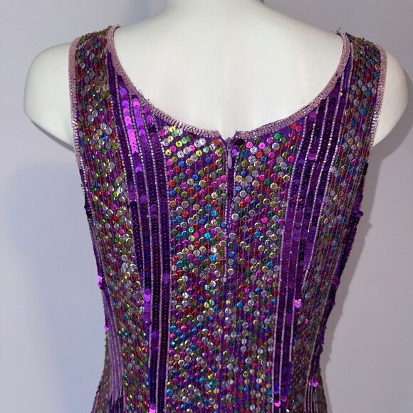 Vtg 90s Annabelle Purple Rainbow Sequin Mini Dress Sleeveless Silk Size Large - Picture 3 of 6